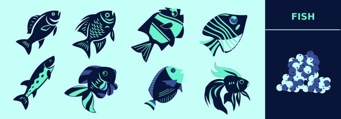 Underwater fish collection with salmon, goldfish, carp, discus, regal blue tang, fish roe. Editable icon elements, size and color.