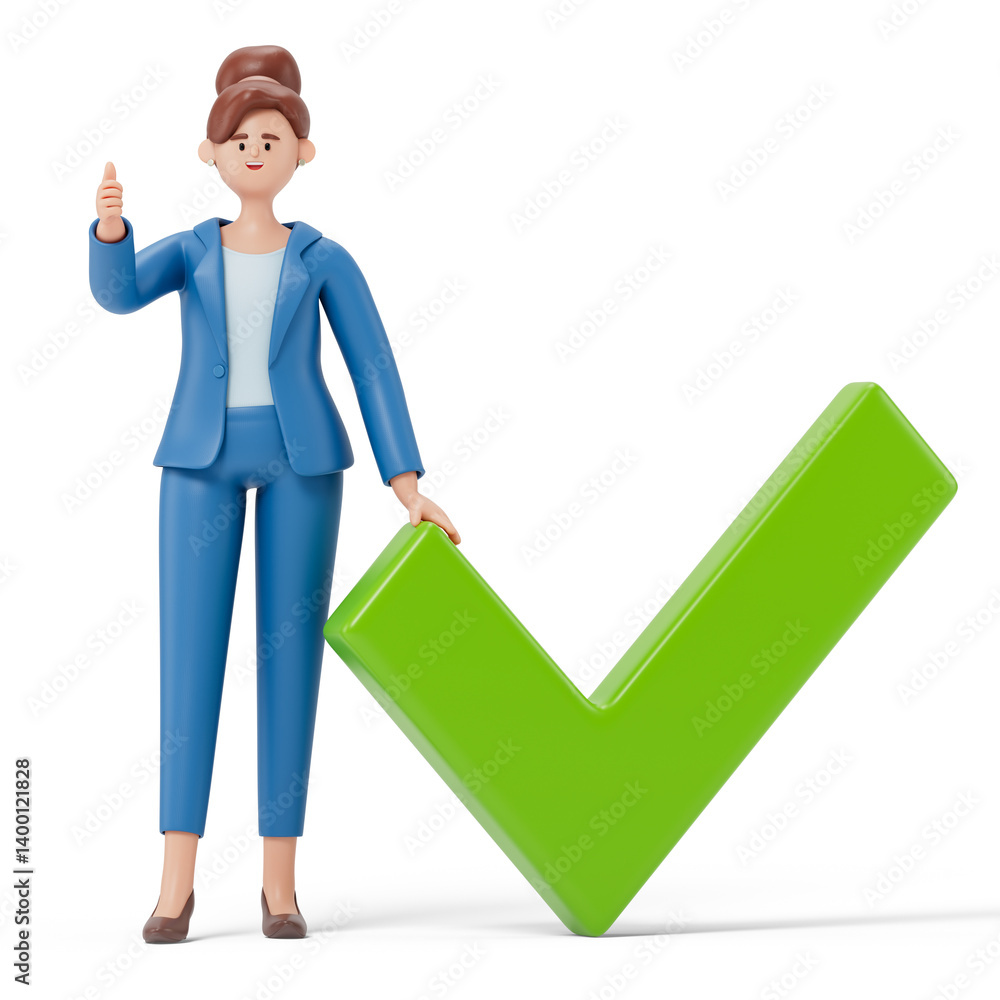 Poster a woman stands with a thumbs-up gesture next to a large checkmark, symbolizing approval and success.