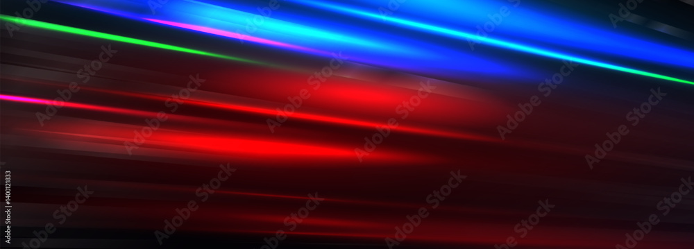 Poster Light Speed Lines Background With Red, Blue, Green Glowing Streaks On Dark Gradient. Futuristic Motion Blur Effect For Technology Or Abstract Design. Vector Illustration.
