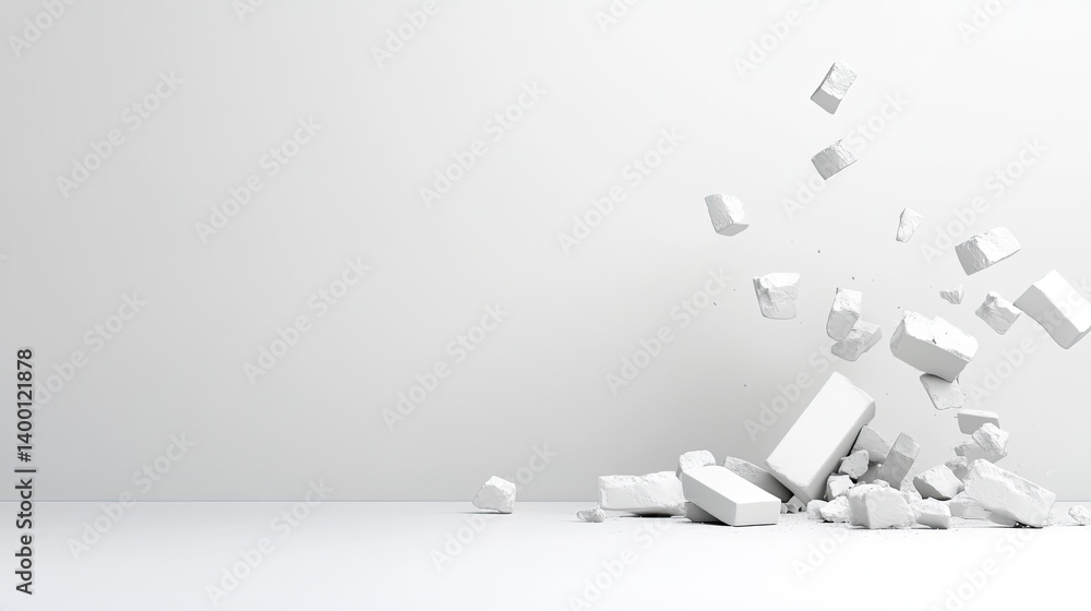 Poster dynamic white background displaying falling blocks minimalist art style studio environment