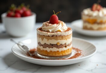 Tiramisu cake dessert with strawberry topping
