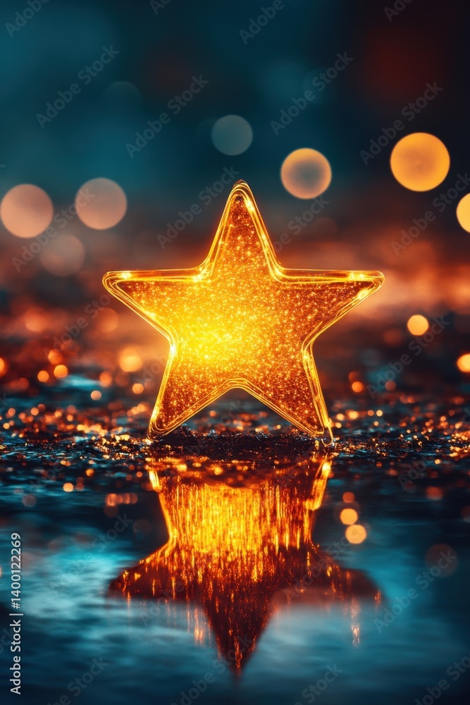Poster radiant golden star on reflective surface casting a warm glow against a blurred bokeh background cre