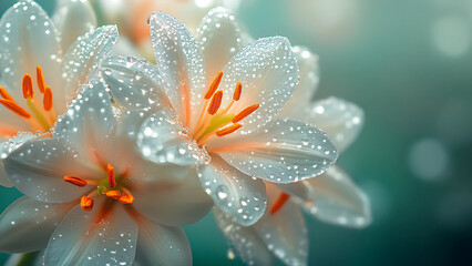 Fototapeta premium Beautiful White Lily Flowers With Water Droplets Closeup Blooming In Nature With Soft Bokeh Background Effect