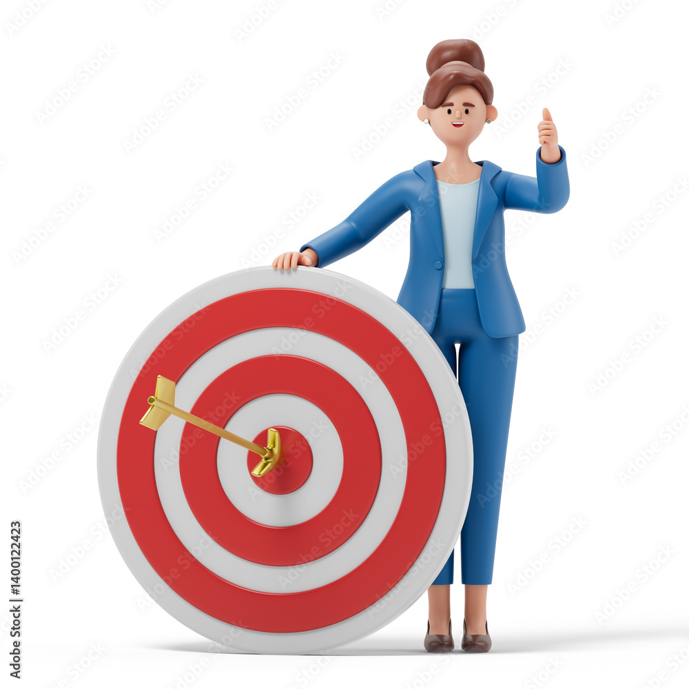 Poster a woman holds a target with an arrow in the center, symbolizing achievement and precision. 3d render