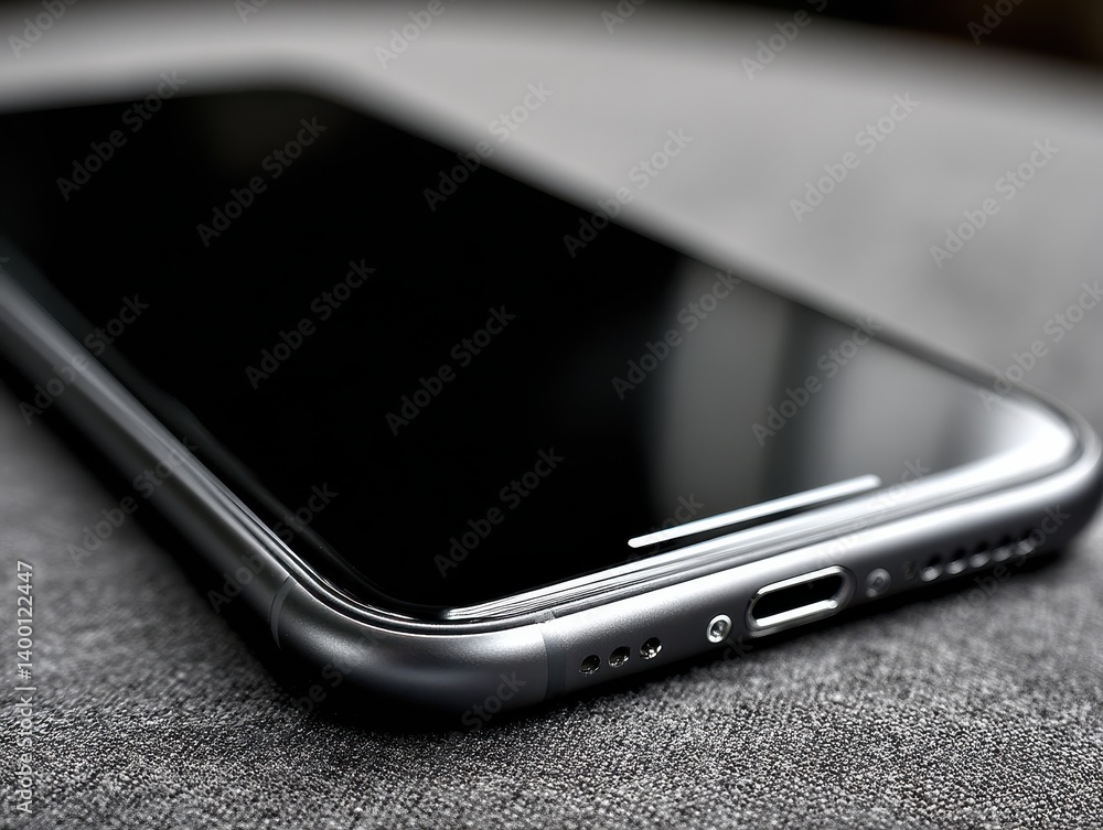 Poster glossy black smartphone on gray surface captured in shallow depth angle showcasing modern tech desig