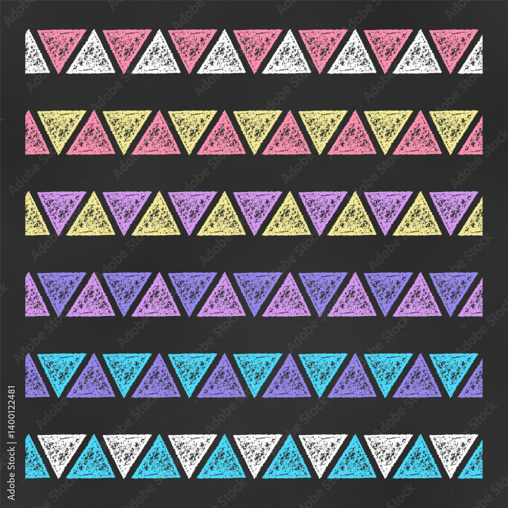 Wall mural Set of Horizontal Colorful Seamless Borders Chalk Drawn Sketches of Triangles.