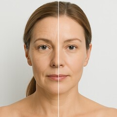 One side of a woman's face shows signs of aging while the other side reflects youthful skin. The neutral backdrop emphasizes the differences, highlighting skincare effects
