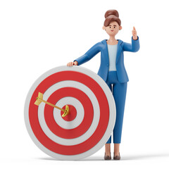A woman holds a target with an arrow in the center, symbolizing achievement and precision. 3D rendering, conceptual image. Isolated on white background.