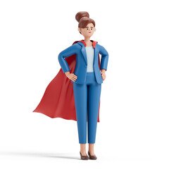 A woman stands with hands on hips, wearing a cape, symbolizing leadership and heroism. 3D rendering, conceptual image. Isolated on white background.