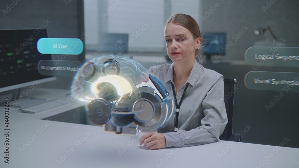 Fototapete female engineer uses advanced augmented reality to visualize 3d holographic model of cybernetic brai