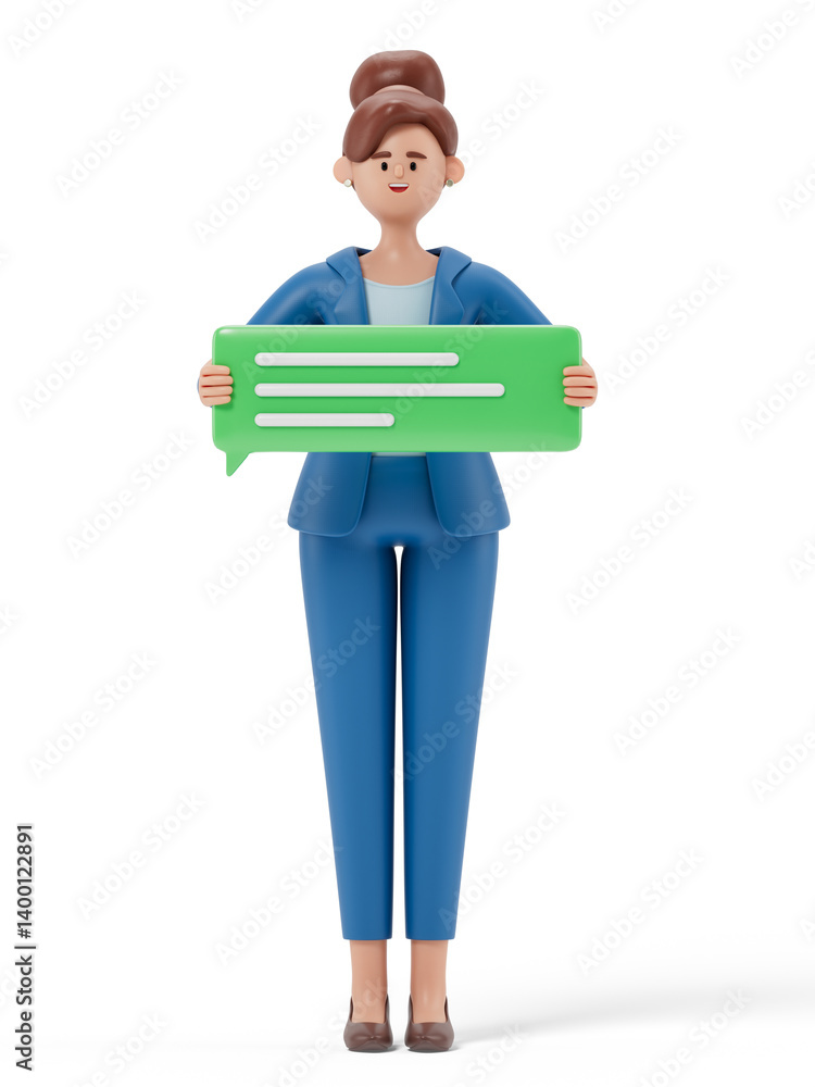 Poster a woman holds a large speech bubble, symbolizing communication and expression. 3d rendering, concept