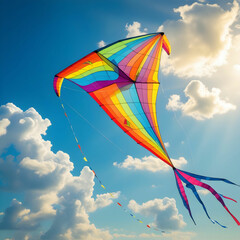 Colorful kite flying in blue sky