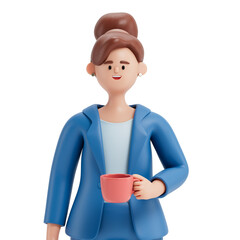 A woman holds a coffee cup, symbolizing a break or a moment of relaxation. 3D rendering, conceptual image. Isolated on white background.