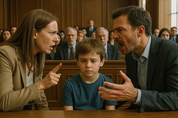Fototapeta premium In a tense family court setting, a mother and father are engaged in a heated argument while their young son sits quietly, showing signs of distress amid the courtroom audience