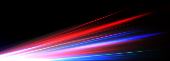 Speed Light Lines Background, Flare With Red, Blue, Pink, Green Neon Glow On Dark Gradient. Futuristic Energy Motion Effect For Technology, Gaming, Or Abstract Design. Vector Illustration
