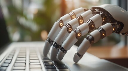 A robotic hand on a keyboard, symbolizing automation and technological progress. Perfect for blogs about AI, robotics and the future of technology.