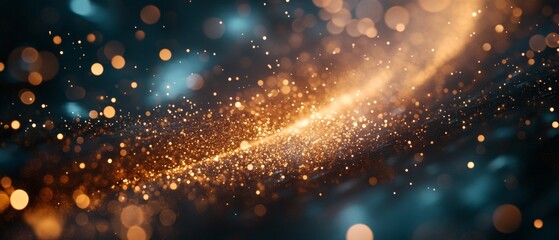 Abstract background with golden sparks and light effects, creating a festive and magical atmosphere. Suitable for design of invitations, greeting cards and advertising of holiday events.