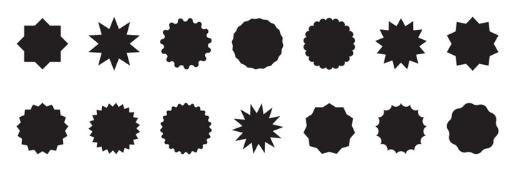 Set of star burst shape tags for price. Circle sticker set. Wavy edge promo black badges.  Blank sale stickers. Simple silhouette. Flat vintage labels isolated on transparent background.
