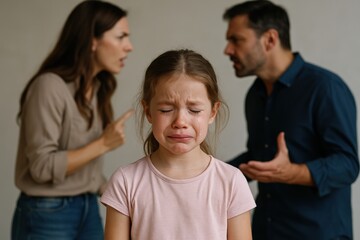 In a domestic setting, a young girl appears distressed while her parents argue in the background. Their heated discussion reveals family discord, impacting the child's emotions