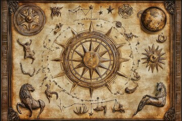 Metallic zodiac chart with an aged parchment texture and astrological symbols