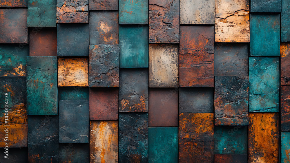 Poster colorful abstract textured tile wall pattern with rusty and artistic finishes representing design te