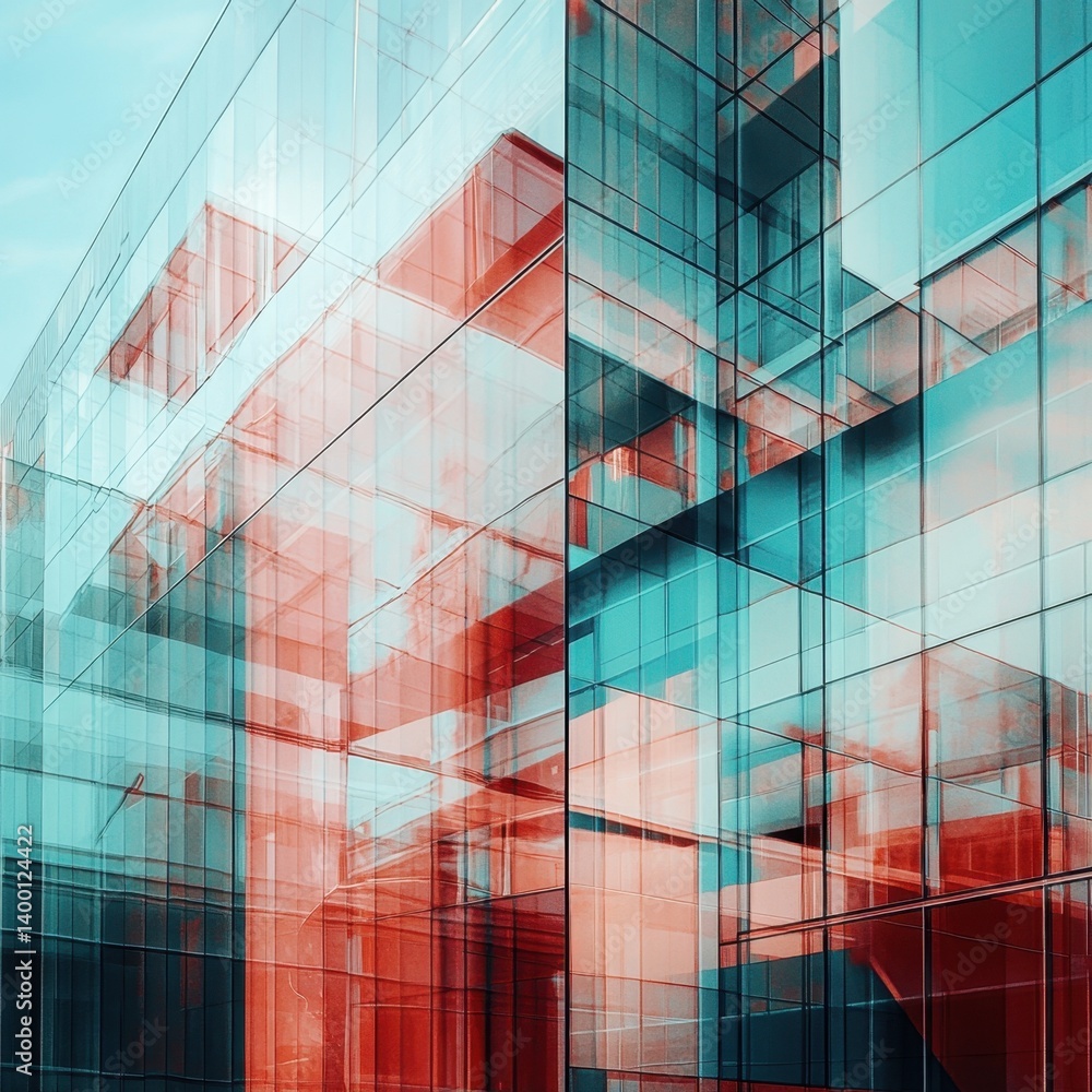Poster modern architecture reflected in glass facade of a contemporary building with geometric patterns and