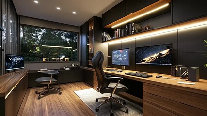 Modern home office with sleek design, dual monitors, and a view of greenery outside