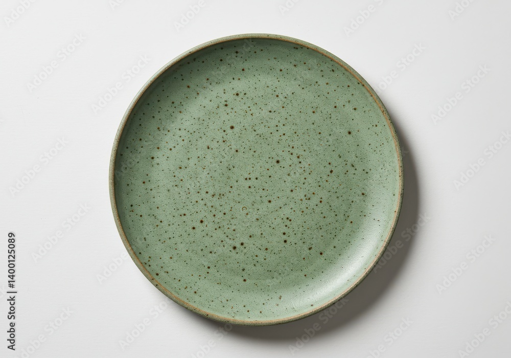 Aufkleber a green speckled plate centered on a white surface with a simple and clean presentation style used