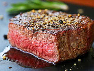 Juicy grilled steak with spices served on a black plate