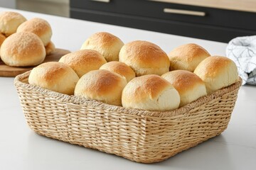 Freshly baked rolls in a woven basket on a kitchen counter