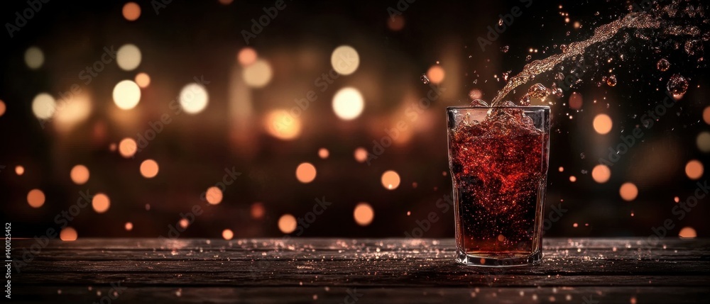 Poster refreshing cola drink being poured into glass on rustic wooden table with bokeh lights background