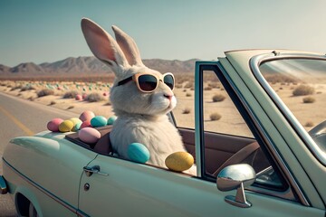 Whimsical Easter Bunny Driver: Cool Convertible and Colorful Egg Adventure in the Desert
