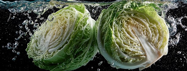 Freshly cut cabbage halves submerged in clear water with bubbles rising, showcasing vibrant textures and colors