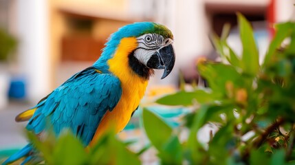 Vibrant parrot perched on a lush green branch in tropical rainforest paradise colorful