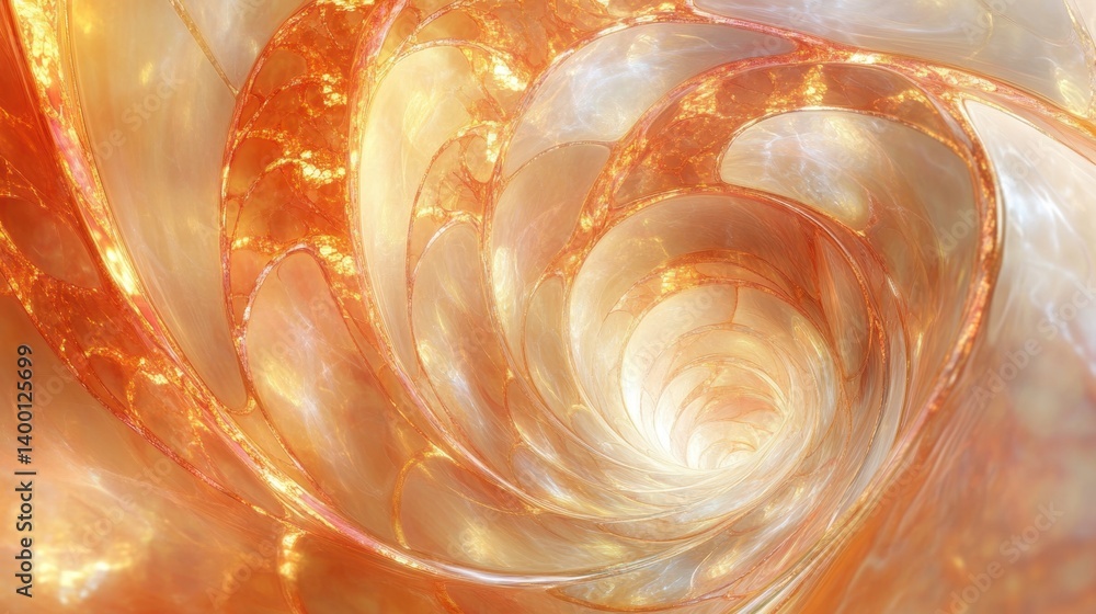 Poster abstract fractal art in shades of gold and white creating a mesmerizing tunnel effect with a bright 