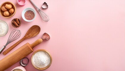 Banner made with baking ingredients and cooking utensil with copy space on pink background. Template for your cooking design. Top view Flat lay Copy space. Generated image