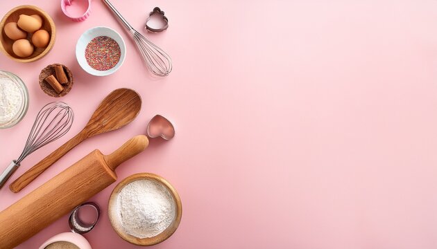 Banner made with baking ingredients and cooking utensil with copy space on pink background. Template for your cooking design. Top view Flat lay Copy space. Generated image