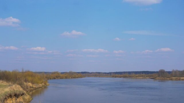 Beautiful spring nature landscape with forest, blue sky and river. Copy space for text, stream