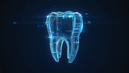 Futuristic digital illustration of three glowing teeth with microchip circuits, blue light effects, and data overlays, representing advanced dental technology, innovation, and medical oral science.