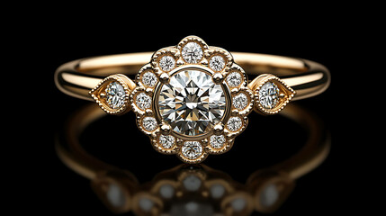 A delicate engagement ring with a diamond center stone, encircled by smaller diamonds