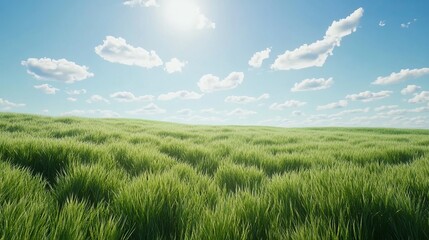 Obraz premium A serene landscape featuring a lush green field beneath a bright blue sky adorned with fluffy white clouds