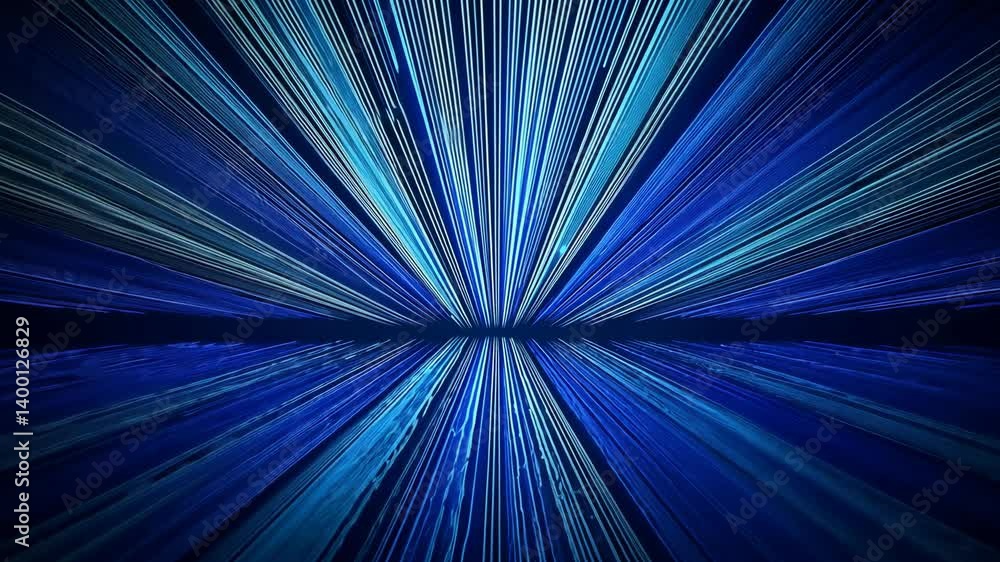 Poster abstract blue and white lines converging to a vanishing point reflecting, creating a futuristic tunn
