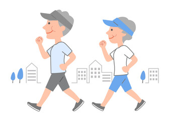 体力作りのためにウォーキングをするシニア男女　春,夏