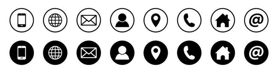Visiting card icon set. Set of contact icons in outline and solid styles. Includes phone, email, globe, user, location, call, and home symbols. Ideal for web, mobile apps, and UI design projects.