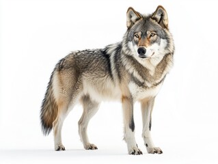 Majestic wolf standing alert against a plain background