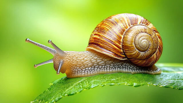 Brown Snail Crawling On Green Leaf With Spiral Shell Representing Nature Slowness Wildlife Patience And Simplicity - Powered by Adobe