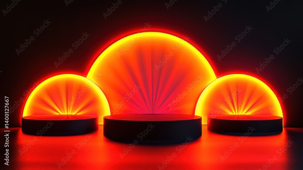 Aufkleber abstract product display platform with vibrant orange and red neon lights illuminating a dark studio