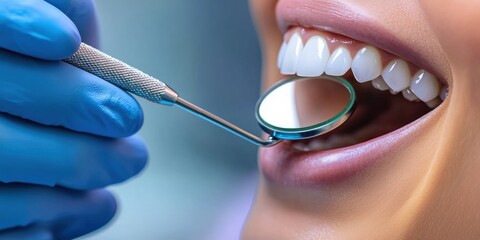 Dentist using dental mirror while examining patient's teeth