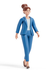 A woman confidently walks forward, symbolizing progress or moving ahead. 3D rendering, conceptual image. Isolated on white background.