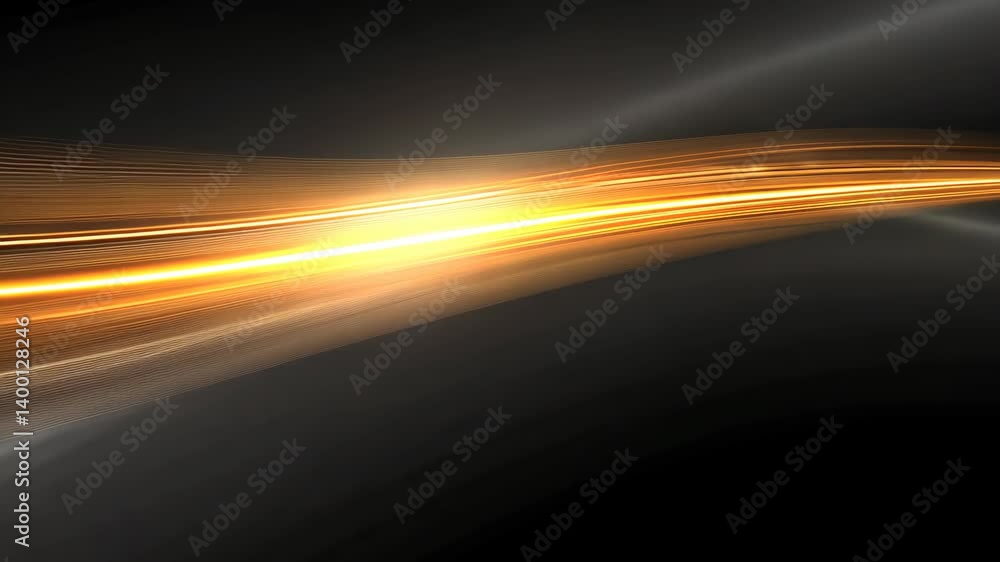 Poster abstract motion light trails, golden shimmering lines moving fast on dark gradient backdrop, energet